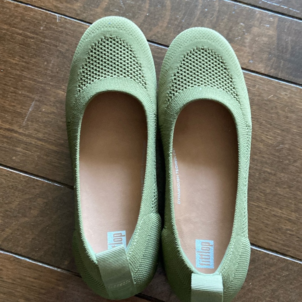 Fitflop Allegro Tonal Knit Ballerinas Flats Olive Green Stretchy Round Toe 8.5